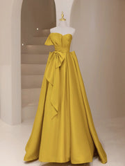 Yellow satin long prom dress, yellow evening dress