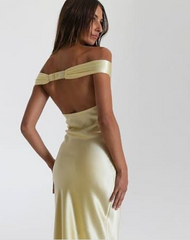 Classy Mermaid Off The Shoulder Yellow Satin Long Evening Dress Prom Dresses SD2063