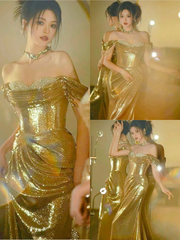 Beautiful Gold Sequin Beaded Evening Dress Off The Shoulder Long Mermaid Prom Dress  S209
