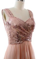 Straps Sequin Chiffon Long Bridesmaid Dress