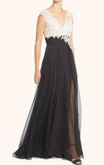 Sleeves V Neck Lace Chiffon Long Mother of the Brides Dress