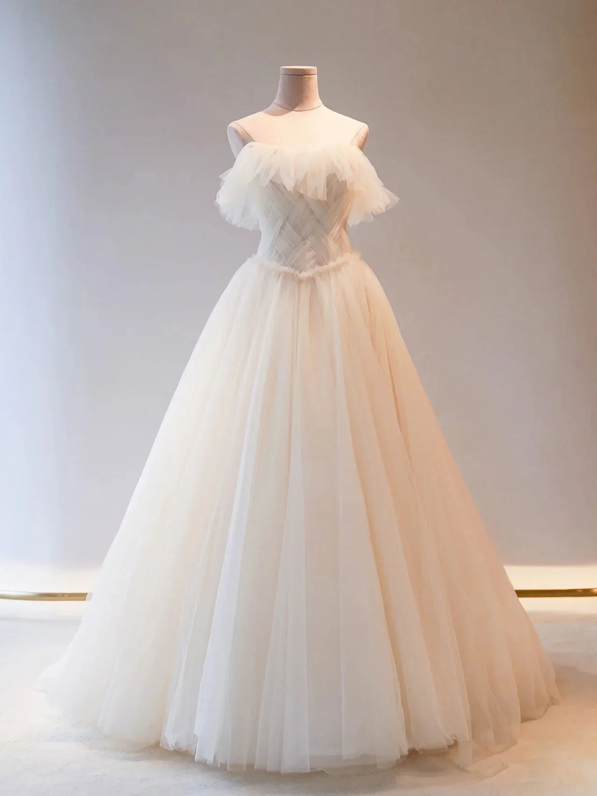 Light Champagne Tulle Long Wedding Dress Tulle Formal Wedding Dress