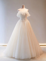 Light Champagne Tulle Long Wedding Dress Tulle Formal Wedding Dress