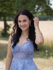 Blue A line tulle lace long prom dress blue bridesmaid dress