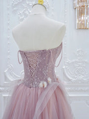 Pink A line tulle lace long prom dress, pink tulle formal dress