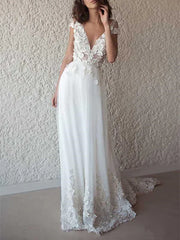 Cap Sleeves A-line Wedding Dresses Tulle Flowers Bridal Gowns V-neck Elegant