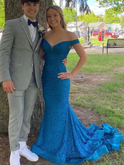 Off Shoulder Blue Mermaid Lace Long Evening Dresses，Formal Prom Dress SH639