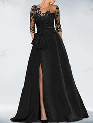 A-Line Elegant Mother of the Bride Dresses Court Train Jewel Neck 3/4 Sleeve Evening Dress with Beading Slit Appliques