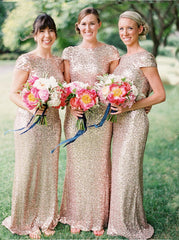 Sheath/Column Cap Sleeves Sequined Zipper Up at Side Long Bridesmaid Dresses