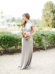 Sheath/Column Cap Sleeves Sequined Zipper Up at Side Long Bridesmaid Dresses