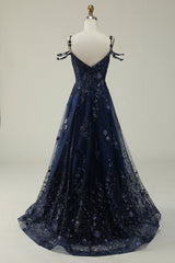 Navy A Line Cold Shoulder Long Prom Dress V-neck Sexy Sparkly
