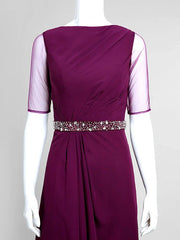 Mother of the Bride Dress Elegant Bateau Neck Floor Length Chiffon Tulle Half Sleeve with Beading