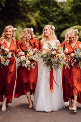 V-Neck Rust Long Bridesmaid Dress with Short Sleeves