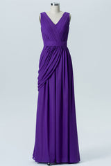 Asymmetrical Purple Pleated Long Bridesmaid Dress with Belt