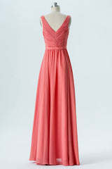 V-Neck Fulle Pleated Coral Bridesmaid Dress with Ruffles