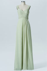 Wide Strap Sage Green Ruched Long Bridesmaid Dress