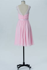 Sweet V-Neck Pink Lace Bridesmaid Dress with Cap Sleeves