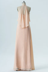 Boho Chiffon Peach Halter Long Birdesmaid Dress