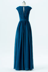 Long Chiffon Teal Pleated Bridesmaid Dress
