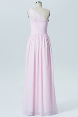 Chiffon Pink One Shoulder Bridesmaid Dress with Belt