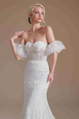 Sweetheart White Lace Mermaid Wedding Dress with Detachable Sleeves