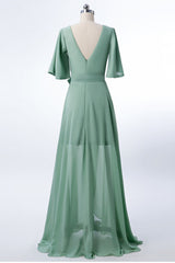 Chiffon Dusty Green Long Bridesmaid Dress with Sleeves