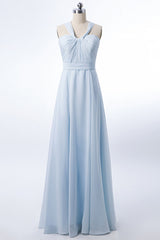 Halter Ice Blue Chiffon Long Bridesmaid Dress