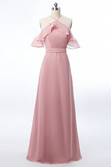 Blush Pink Halter Ruffles Long Bridesmaid Dress