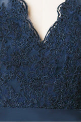 Backless Navy Blue Lace Long Bridesmaid Dress