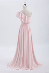One Shoulder Ruffles Pink Bridesmaid Dress