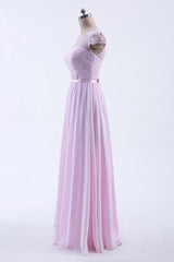 Cap Sleeves Pink Lace Long Prom Dress