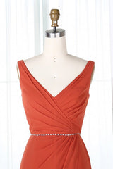 V-Neck Burnt Orange Bridesmaid Dress with Beaded Belt