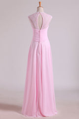 Pink Pleated High Waist Long Bridesmaid Dress