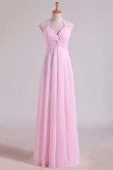 Pink Pleated High Waist Long Bridesmaid Dress