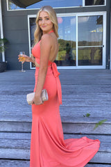 Halter Two Piece Coral Long Mermaid Bridesmaid Dress