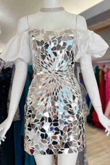 Off the Shoulder Silver Cut Glass Mirror Homecoming Dress