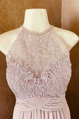 Floor Length Pink Lace Top Long Bridesmaid Dress