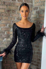 White Sequins Tight Homecoming Dress with Long Sleeves