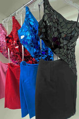 Cut Out Blue Glass Mirror Sequined Bodycon Homecoming Dress