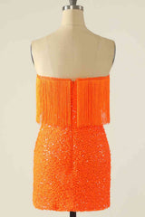 Strapless Orange Sequins Fitted Homecoming Dress with Tassel