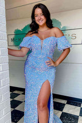 Red Puff Sleeves Sequined Long Party Dress with Side Slit