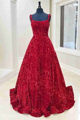 Straps Grape Square Neck Sequins Prom Dress with Pockets