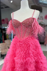 Hot Pink Cold Shoulder Beaded Feathers Tiered Long Prom Dress