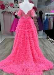 Astrid |A Line Off the Shoulder Tiered Tulle Prom Dress With Slit