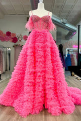 Hot Pink Cold Shoulder Beaded Feathers Tiered Long Prom Dress