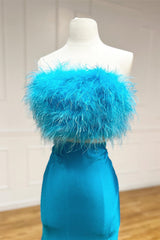 Vicki | Jade Two-Piece Feathers Strapless Satin Long Prom Dress with Slit