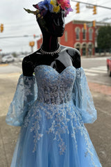 A-line Strapless Puff Long Sleeves Beaded Appliques Long Prom Dress