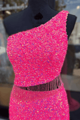 Fuchsia Sequins One Shoulder Cut-Out Tassels Long Prom Dress with Slit