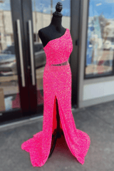 Fuchsia Sequins One Shoulder Cut-Out Tassels Long Prom Dress with Slit