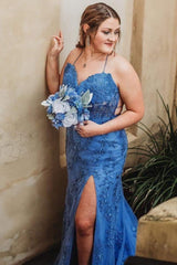 Mermaid Straps Royal Blue Slit Long Prom Dress with Appliques